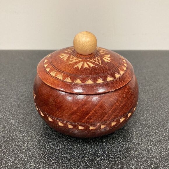 Vintage Small Round Wooden Lidded Bowl inscribed Dubrovnik - Salt Cellar, Spices - Picture 2 of 12